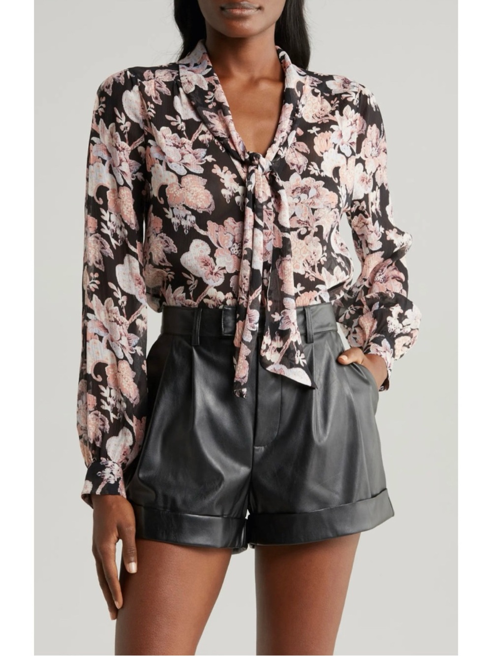 NWY PAIGE Kirstie Floral Tie Neck Silk Shirt in Black Multi Size S